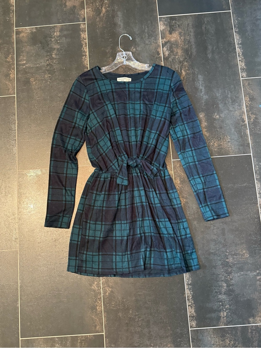 Abercrombie & Fitch Kids Tie-Front Plaid Dress in Dark Green & Navy Blue Tartan